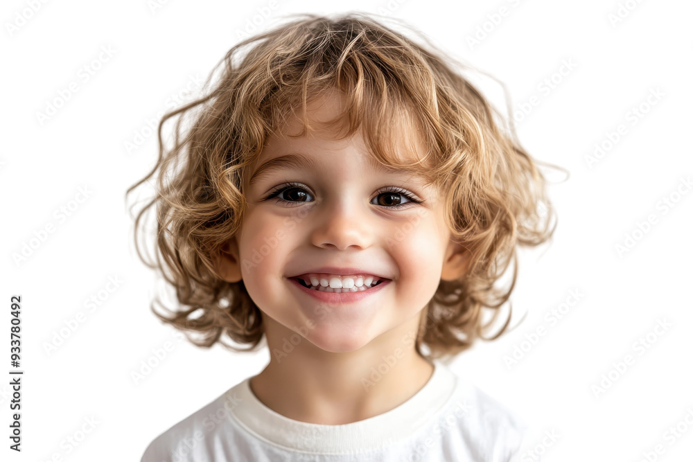 Portrait of a smiling child with curly hair, isolated on a transparent background. wearing a white shirt. Portrait of a smiling child with curly hair, isolated on a transparent background. wearing a white shirt.