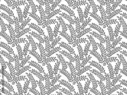 Seamless pattern of tree branches with leaves, plant on transparent background. Decorative Elements for Decoration. Hand drawing doodles of vector botanical elements.  Line art. Outline sketch draw