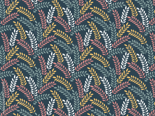 Seamless pastel pattern of tree branches with leaves, plant. Decorative Elements for Decoration. Hand drawing doodles of vector botanical elements. 