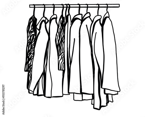 Hand drawn wardrobe sketch. Clothes on the hangers
