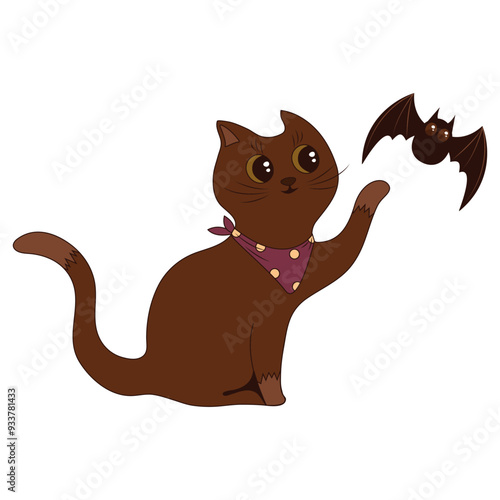 Adorable Halloween duo: cat and flying bat
