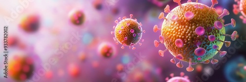 Microscopic View of Colorful Virus Cells - This image depicts a microscopic view of colorful virus cells, symbolizing the concept of illness, disease, microscopic world, scientific research, and infec photo