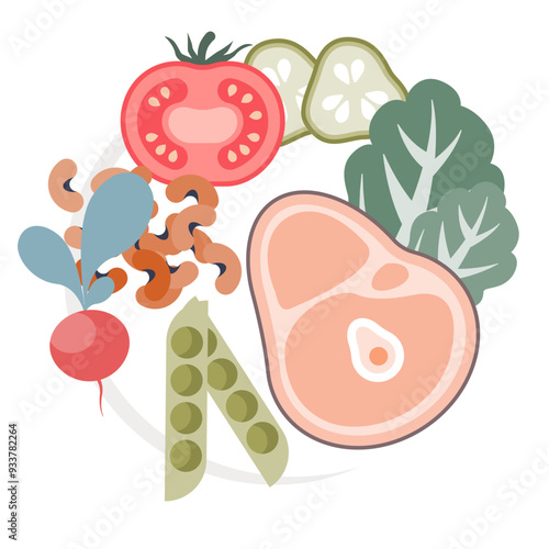 Illustration of a balanced meal with vegetables, legumes, and lean meat, symbolizing healthy eating.