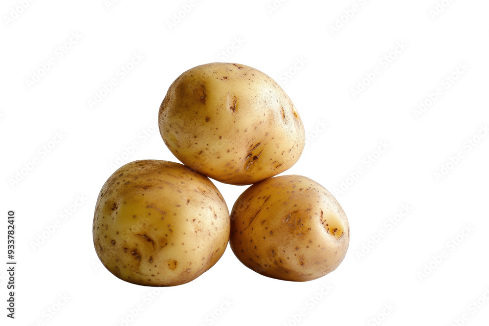 Close-up of three fresh potatoes. Brown, unpeeled, and healthy root vegetables ideal for cooking and culinary uses. Isolated on transparent background. Close-up of three fresh potatoes. Brown, unpeeled, and healthy root vegetables ideal for cooking and culinary uses. Isolated on transparent background.