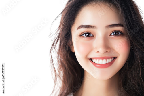 Beautiful young woman with a radiant smile and natural makeup, showcasing healthy skin and joyful expression, isolated on a transparent background.