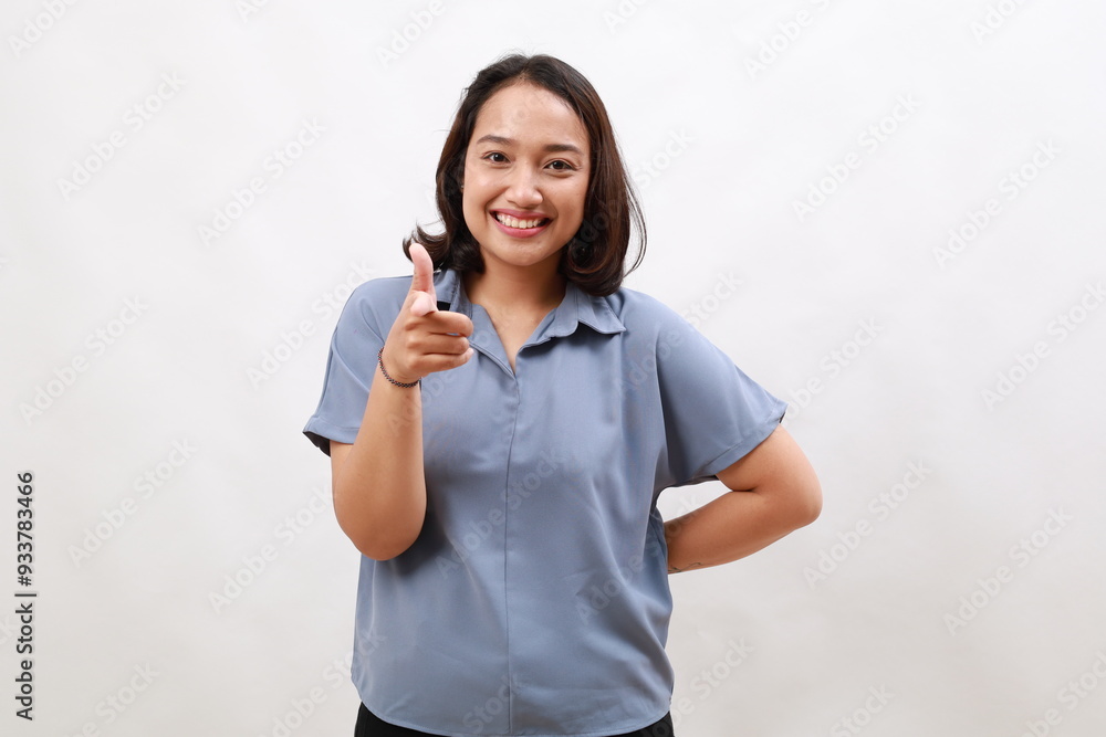 Beautiful young asian woman, company manager standing pointing finger at camera and smiling, choosing, inviting people, recruiting. Isolated on white background Beautiful young asian woman, company manager standing pointing finger at camera and smiling, choosing, inviting people, recruiting. Isolated on white background