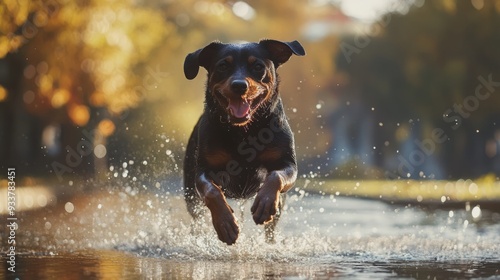 Wallpaper Mural A happy and energic Rottweiler dog running through the water Torontodigital.ca