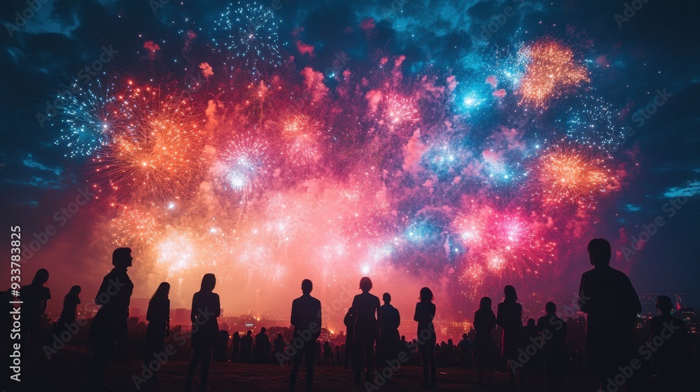 Vibrant Fireworks Display Lighting Up the Night Sky Over Festive Crowds Silhouetted Below Vibrant Fireworks Display Lighting Up the Night Sky Over Festive Crowds Silhouetted Below