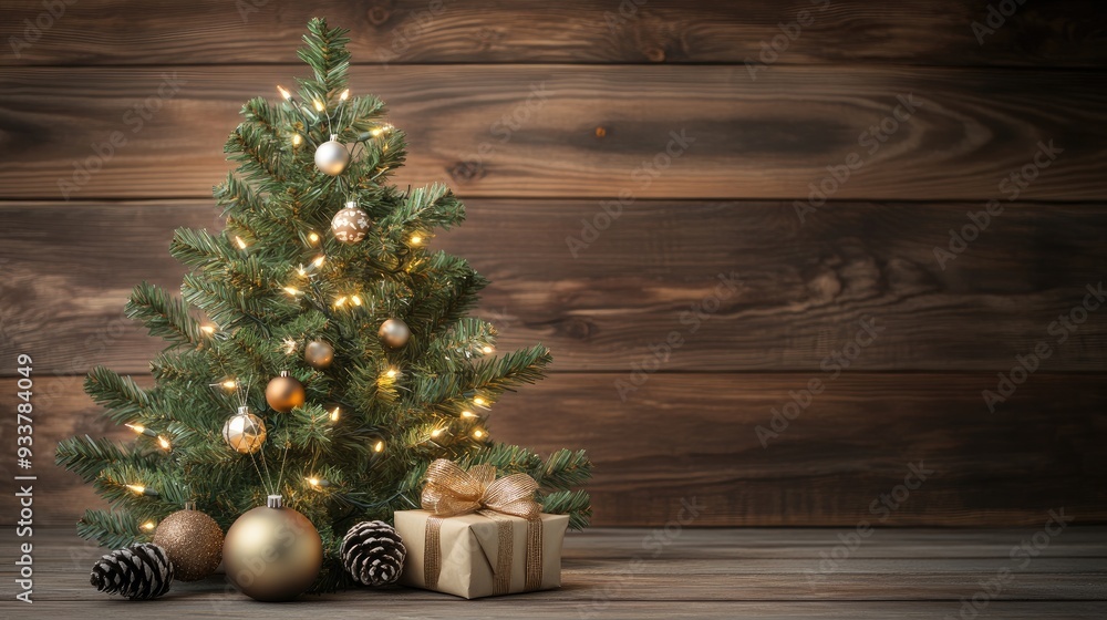 A stunning arrangement of Christmas decorations on a wooden background creates a warm and inviting holiday vibe perfect for seasonal celebrations A stunning arrangement of Christmas decorations on a wooden background creates a warm and inviting holiday vibe perfect for seasonal celebrations