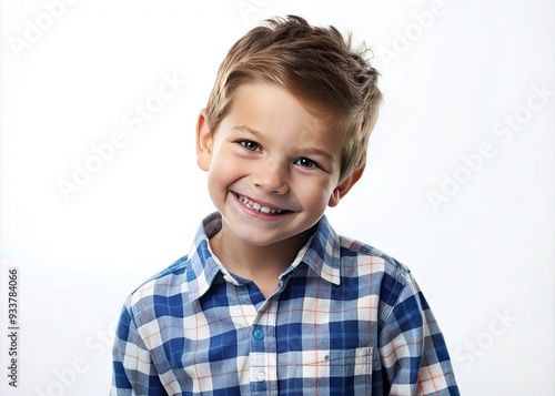 Adorable young boy with trendy casual clothes and contagious bright smile poses against a white background, radiating joy, excitement, and innocence in a studio setting.