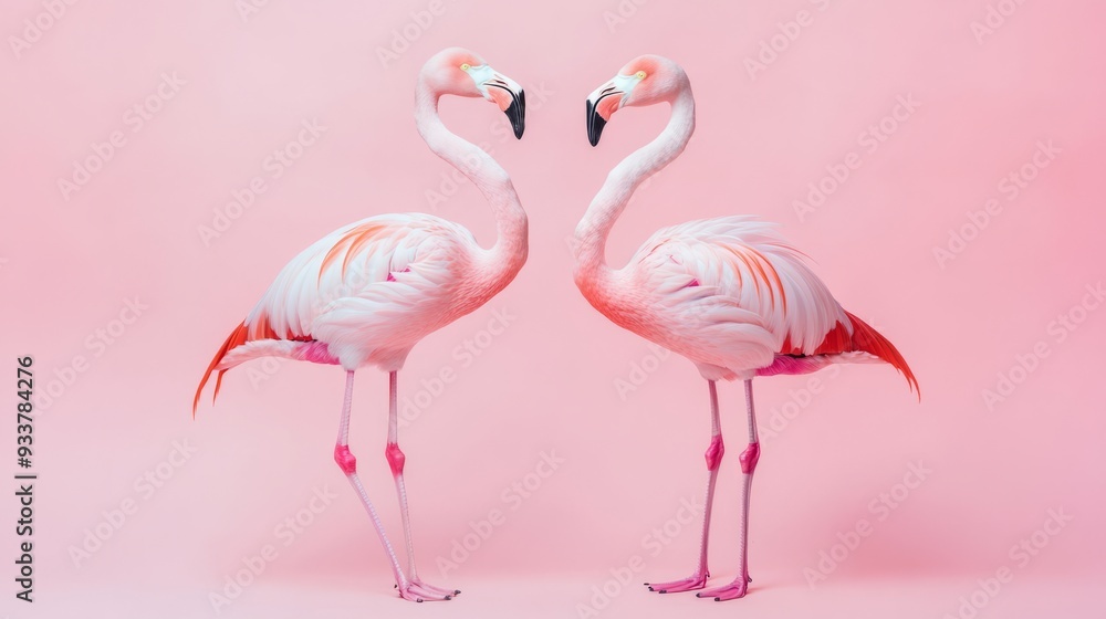 Obraz premium Two pink flamingos in love, against a pink background