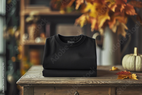 Black shirt mockup is prepped for Halloween themes, embodying the fusion of eerie design. Generative ai.