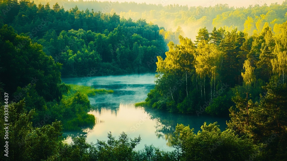 A river in the middle of a forest filled with trees A river in the middle of a forest filled with trees