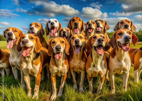 A dozen energetic fox hunt hounds, tongues out, ears flapping, gather in a sun-drenched meadow, their reddish-brown coats glistening amidst lush greenery and blue sky. photo