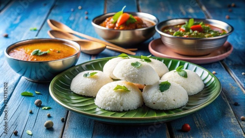Steaming hot idlis, South Indian fermented rice cakes, served on a blue decorative plate with sambar and chutney, against a blurred kitchen background.