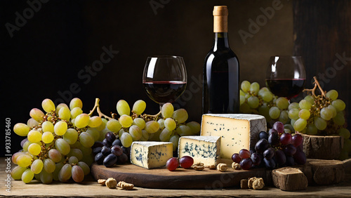 Artisan cheeses, wine bottles, and clusters of grapes arrange on a rustic table.