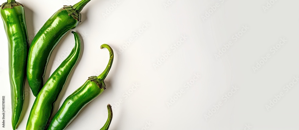 Green chili peppers displayed against a white backdrop, with copy space image. Green chili peppers displayed against a white backdrop, with copy space image.