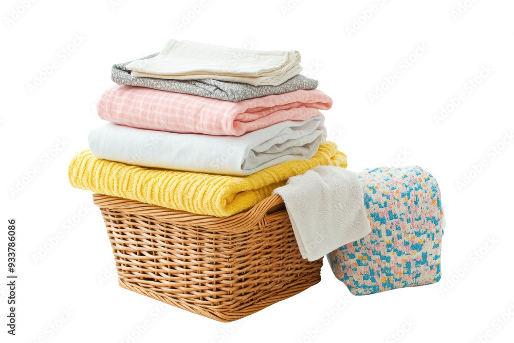 Stack of freshly folded laundry in a wicker basket with colorful ...