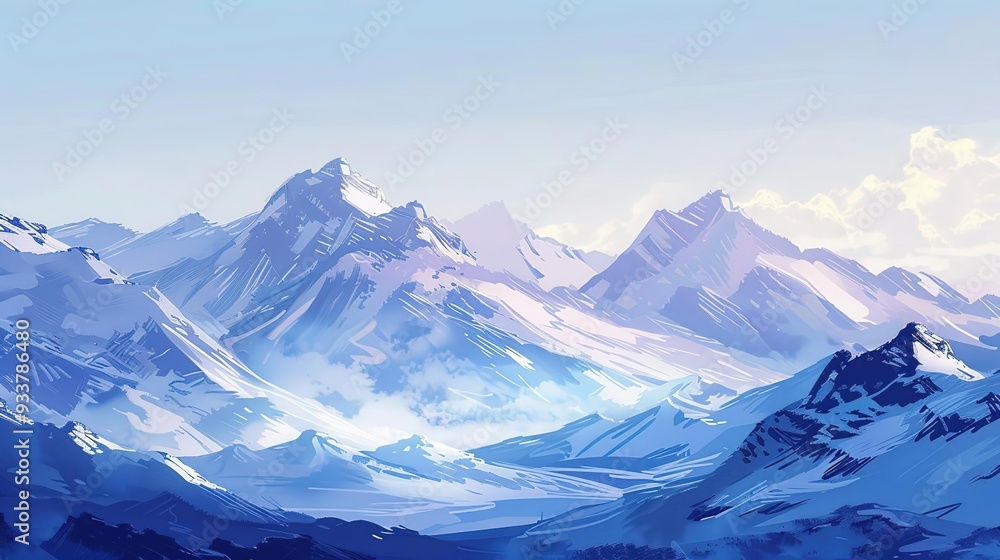 Fototapeta premium Blue Mountains Illustration - Wintery Snowy Landscape Art