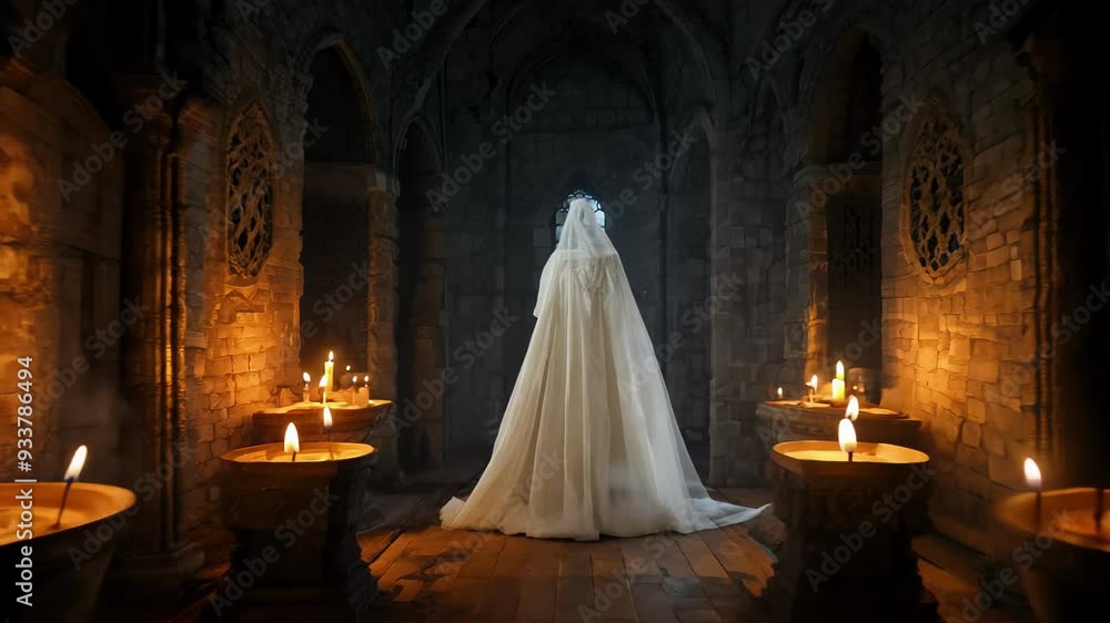 Ghostly figure surrounded by candles in an ancient, dimly lit, and eerie castle. Concept of paranormal presence, haunted architecture, ghost, and frightening atmosphere, Halloween Ghostly figure surrounded by candles in an ancient, dimly lit, and eerie castle. Concept of paranormal presence, haunted architecture, ghost, and frightening atmosphere, Halloween