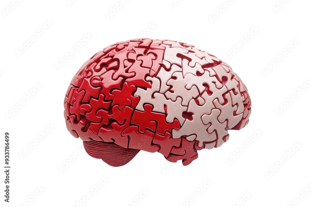 Red and white brain formed from jigsaw puzzle pieces, symbolizing intelligence, creativity, and problem-solving abilities. Red and white brain formed from jigsaw puzzle pieces, symbolizing intelligence, creativity, and problem-solving abilities.