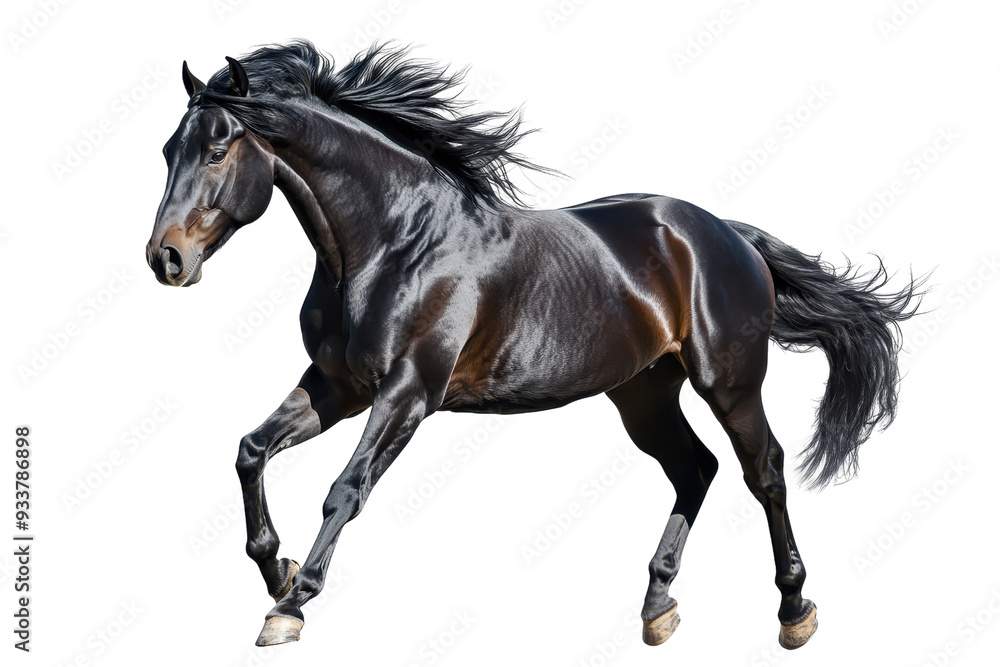 Fototapeta premium Majestic black horse running with powerful stride. Shiny coat glistens under light, showcasing beauty and grace in motion.