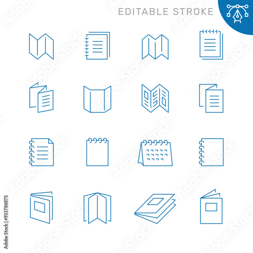 Vector line set of icons related with brochure. Contains monochrome icons like booklet, book, polygraphy, brochure, paper and more. Simple outline sign. Editable stroke.