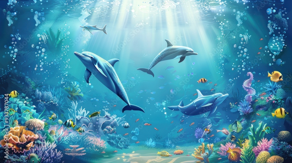 Fototapeta premium Dolphins and fish swimming in a coral reef.