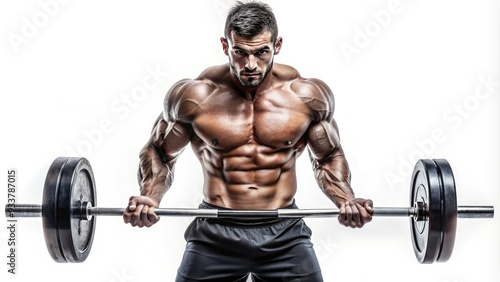 Strong muscular athlete in sportswear holding heavy weights with intense focus and determination, isolated on a white background with a shallow depth of field.