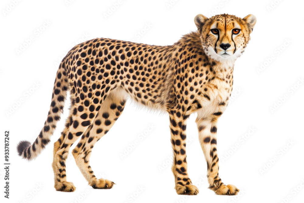 High-resolution image of a majestic cheetah standing and looking ahead, showcasing its beautiful spotted coat and lean build in a clear background.