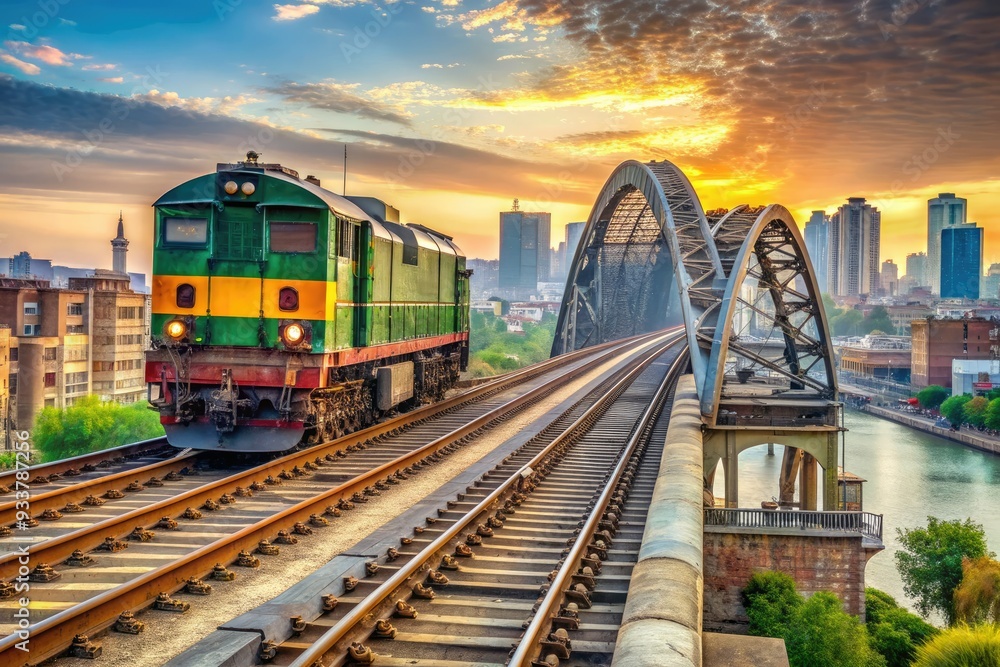 A freight train speeds across a steel bridge, offering a thrilling perspective of the locomotive in motion, against a vibrant cityscape backdrop in Pakistan on April 8, 2024. A freight train speeds across a steel bridge, offering a thrilling perspective of the locomotive in motion, against a vibrant cityscape backdrop in Pakistan on April 8, 2024.