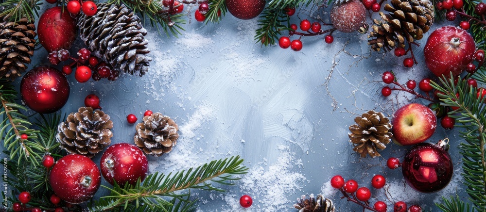 Top-down view of Christmas decorations including pine cones, Christmas tree twigs, and red berries and apples on snowy background with copy space image. Top-down view of Christmas decorations including pine cones, Christmas tree twigs, and red berries and apples on snowy background with copy space image.
