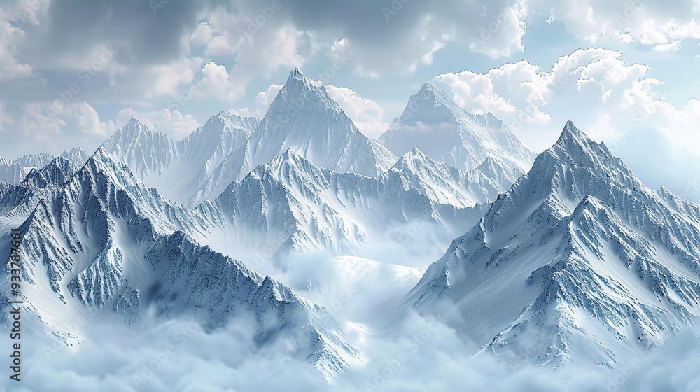 Snowy Mountain Range with Clouds 3D Illustration Snowy Mountain Range with Clouds 3D Illustration