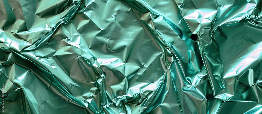 Obraz premium Shiny monochrome surface with an abstract colored background featuring a green crumpled, creased iridescent metal foil texture, ideal for copy space image.