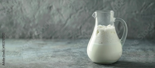 Glass jug filled with kefir on a gray backdrop, highlighting healthy eating; perfect for a message with copy space image. photo