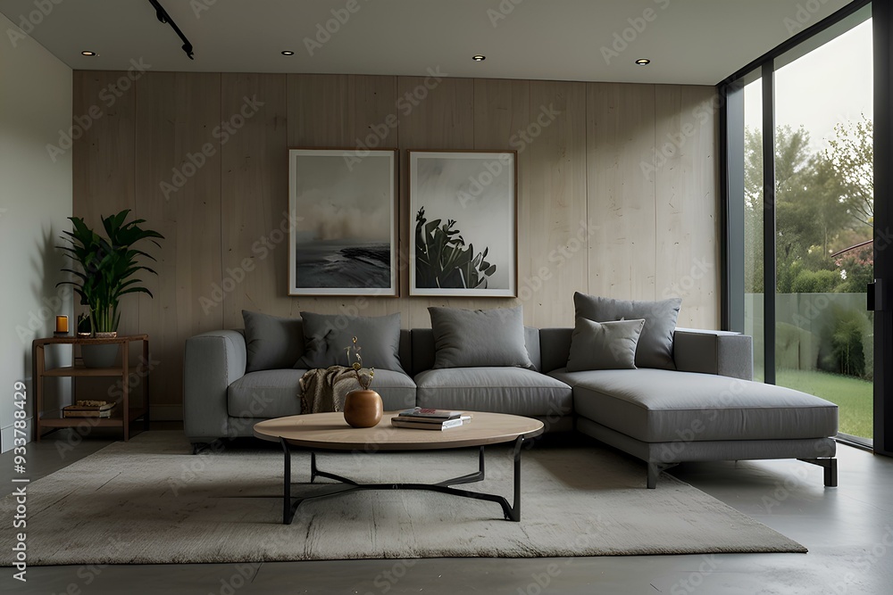 Fototapeta premium Modern and luxurious living room with a fireplace, sofa, and stylish furniture