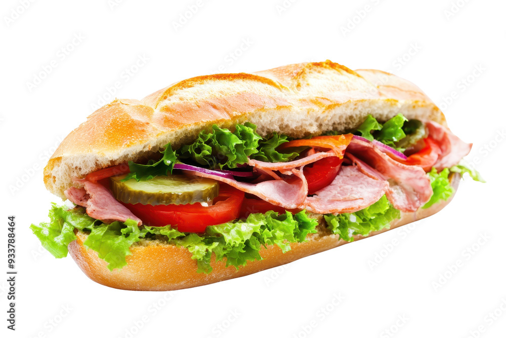 Delicious fresh sandwich with ham, lettuce, tomatoes, cucumber, and red onion on a crispy baguette. Perfect for lunch or a quick meal. Delicious fresh sandwich with ham, lettuce, tomatoes, cucumber, and red onion on a crispy baguette. Perfect for lunch or a quick meal.