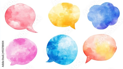 Watercolor Speech Bubbles Collection for Design and Illustration - A set of six watercolor speech bubbles in various colors, perfect for adding a touch of whimsy and creativity to your designs. These