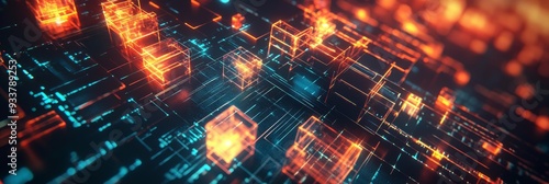 Abstract Digital Cityscape: Glowing Cubes and Circuitry - A futuristic cityscape with glowing cubes representing buildings and circuitry symbolizing the digital world, technology, innovation, connecti