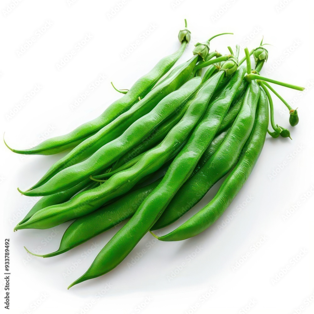 A bunch of green beans hanging together on a white background, showing their pods and seeds. A bunch of green beans hanging together on a white background, showing their pods and seeds.