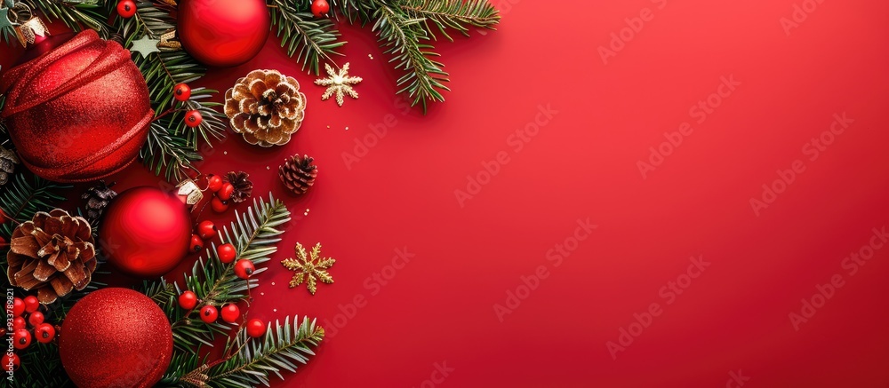 Red background with Christmas decorations providing copy space image. Red background with Christmas decorations providing copy space image.