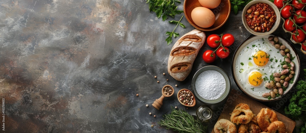 Turkish Sucuk and breakfast ingredients arranged for a concept photo with copy space image. Turkish Sucuk and breakfast ingredients arranged for a concept photo with copy space image.