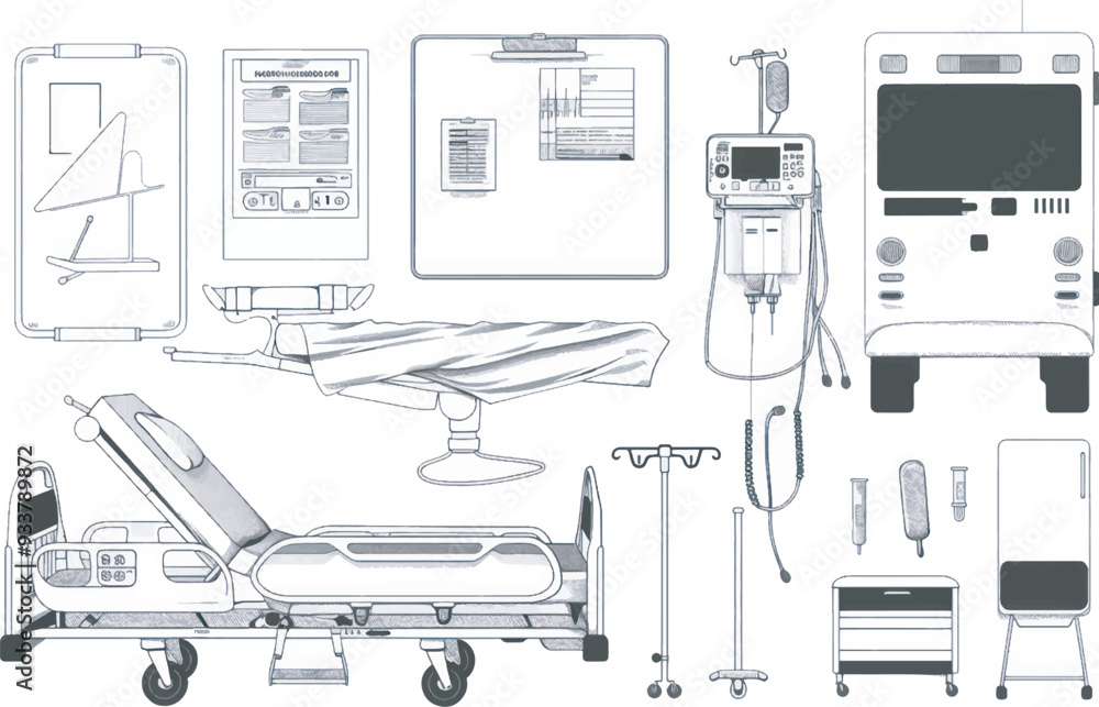 A clean vector icon set including a hospital bed, medical chart, IV drip, and ambulance A clean vector icon set including a hospital bed, medical chart, IV drip, and ambulance