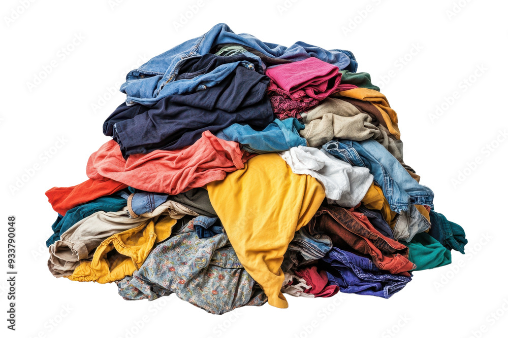A large pile of various colorful clothing items stacked together, representing laundry day, second-hand clothing, or textile recycling. A large pile of various colorful clothing items stacked together, representing laundry day, second-hand clothing, or textile recycling.