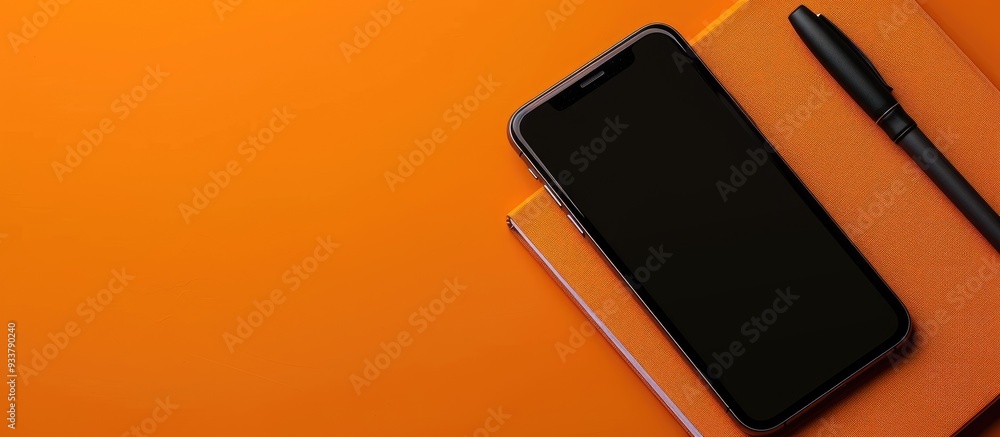 Smartphone and notebook pen placed on orange surface with copy space image. Smartphone and notebook pen placed on orange surface with copy space image.