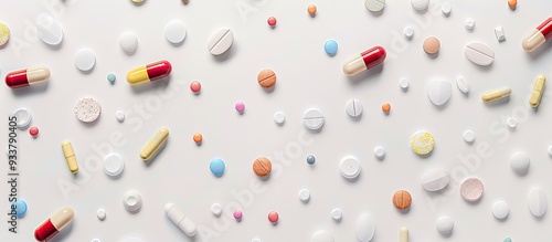 White background filled with various capsules and pills, providing ample copy space for text. photo