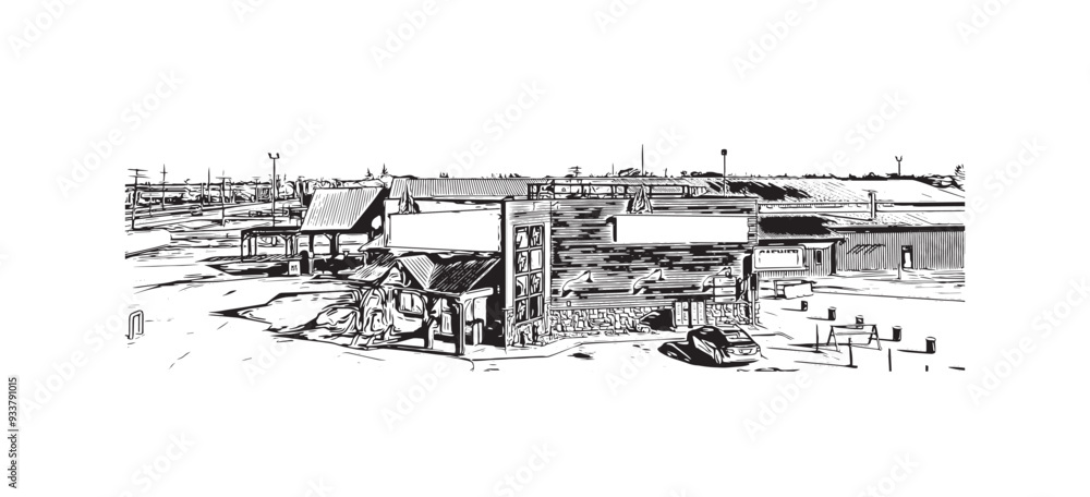 Obraz premium Building view with landmark of Steinbach is the third largest city in Canada. Hand drawn sketch illustration in vector. 
