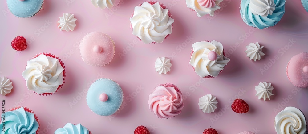 Sugar decorations in a pretty pattern for cakes, pastries, and pastel backgrounds. Flat lay style with a top view showcasing a copy space image. Sugar decorations in a pretty pattern for cakes, pastries, and pastel backgrounds. Flat lay style with a top view showcasing a copy space image.