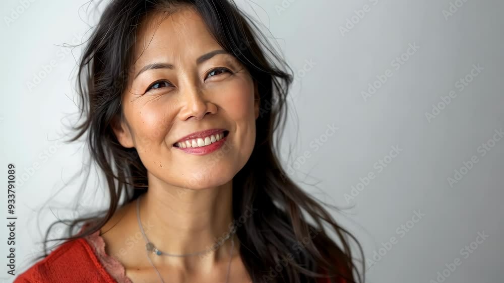 Asian woman with long hair poses against a neutral background wearing a red sweater Asian woman with long hair poses against a neutral background wearing a red sweater