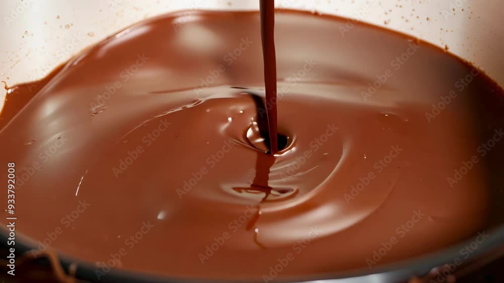Stream of liquid chocolate being poured into a container, creating a smooth and rich texture. Concept of dessert preparation, indulgent treat, gourmet cooking, confectionery. Stream of liquid chocolate being poured into a container, creating a smooth and rich texture. Concept of dessert preparation, indulgent treat, gourmet cooking, confectionery.